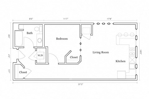 Floor plan for 1 bed, 1 bath, 687 sqft